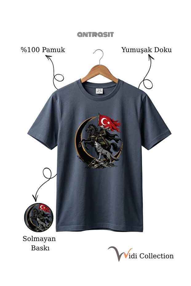 100% Cotton Regular Fit Unisex T-Shirt with Turkish Flag, Horse Warrior, Bozkurt and Wolf Figures