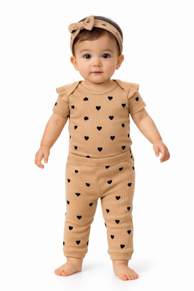 Baby Girl Heart Patterned Ribbed 3-Piece Set Bodysuit Leggings Bandana