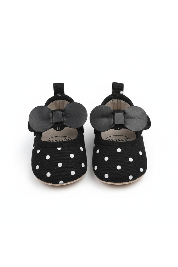 - Baby Polka Bow Soft Sole Shoes-Black & Brown - 0M to 18M