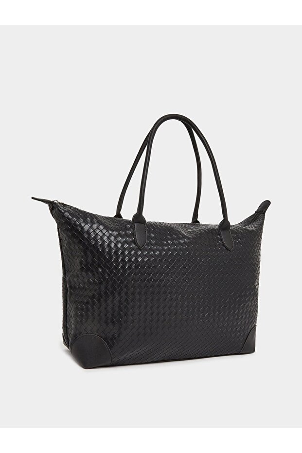 Black Woven Faux Leather Tote Bag