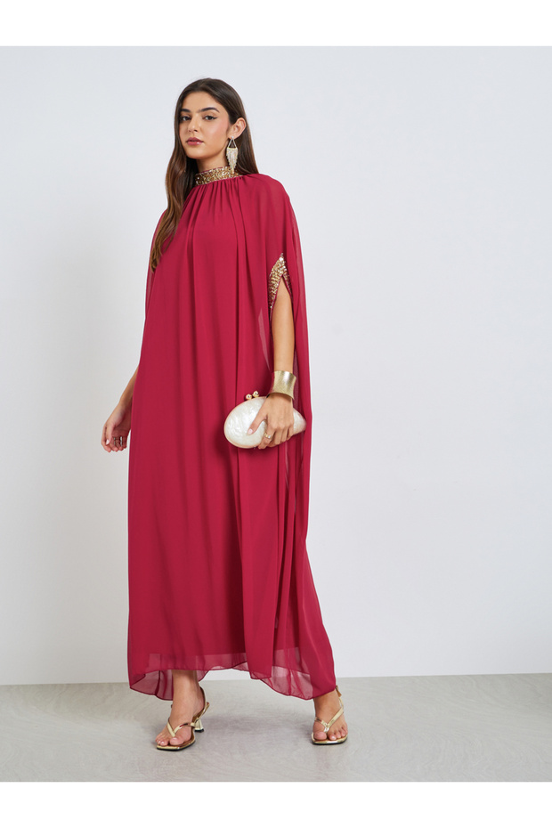 Red Sequined Kaftan Maxi Dress