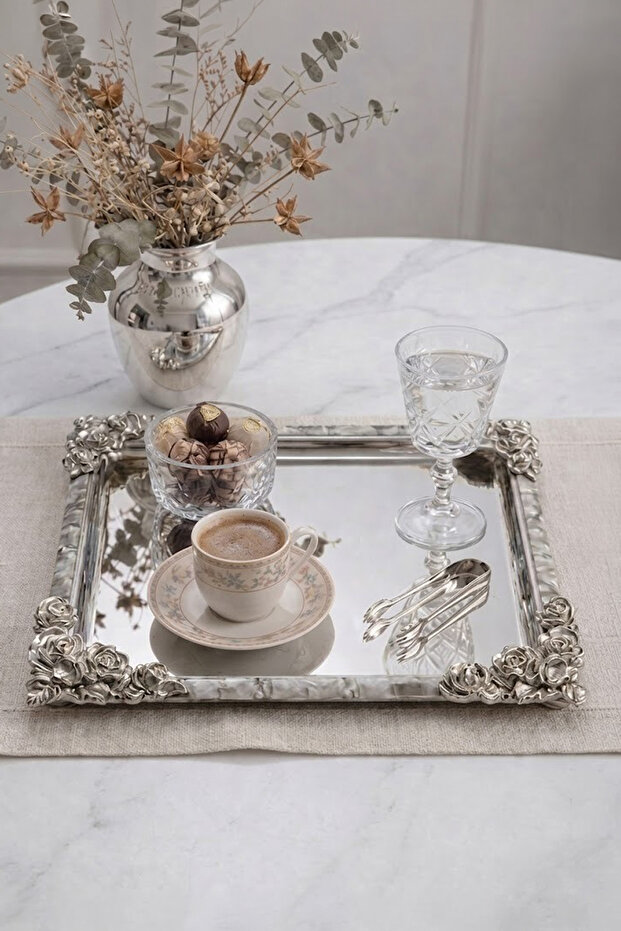 Square Stainless Steel Silver Vintage Embossed Coffee Presentation Tray-Luxury Serving Tray