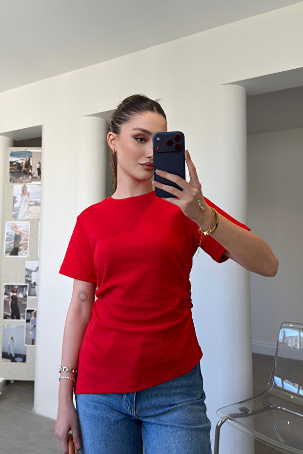 Asymmetrical Cut Short Sleeve Blouse - Red
