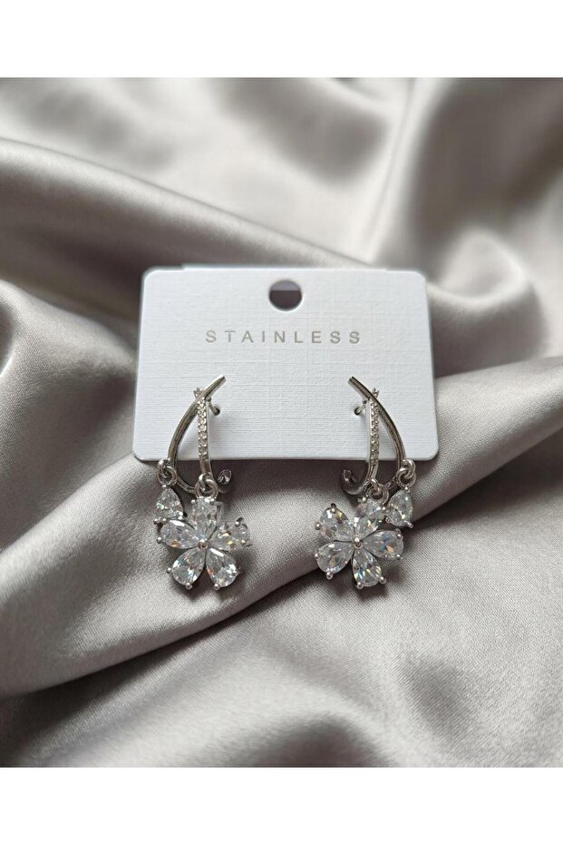 Steel Silver Flower Detail Dangle Earrings