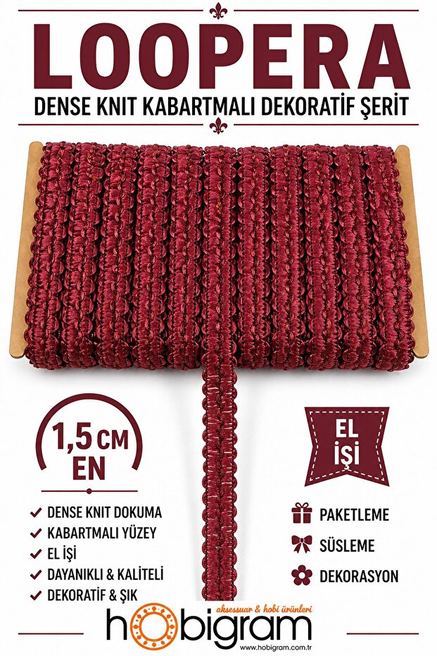 Bordo Loopera Dense Knit Embossed Decorative Strip – Premium Handcrafted Ornament 5 Meters