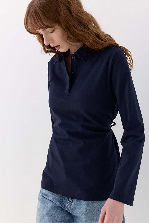 Polo Collar Sweatshirt with Waist Tie Detail, Navy Blue