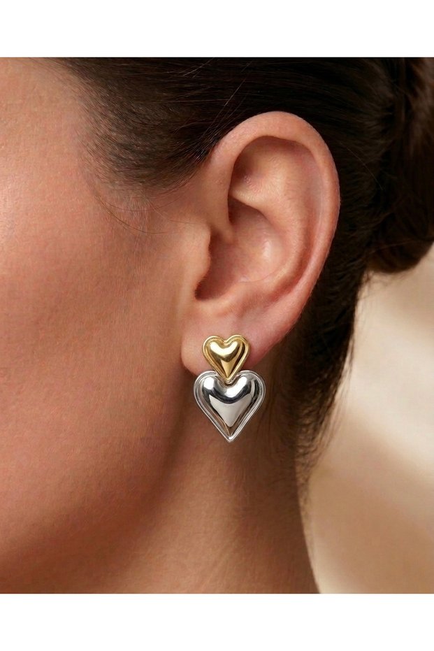 Gold & Silver Double Heart Design Tarnish Resistant Steel Premium Earrings