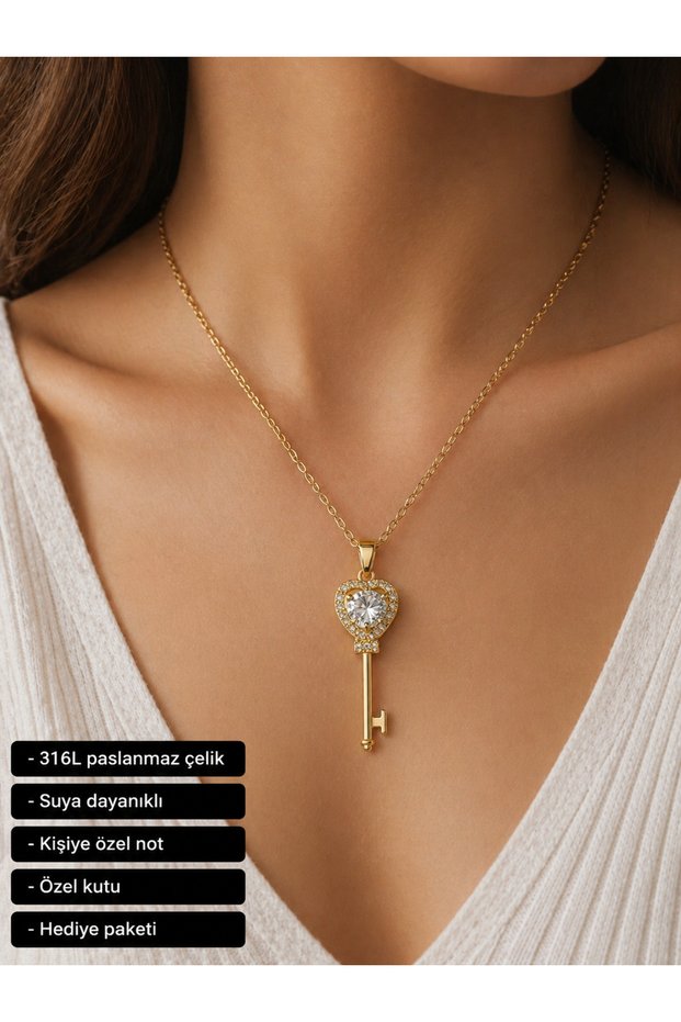 Heart Detailed Key Design Women's Necklace Stainless Steel Gift