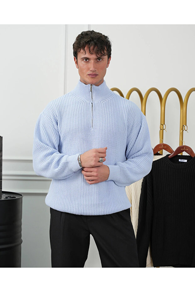 Knitted Pattern Zipper Detailed Oversize Sweater