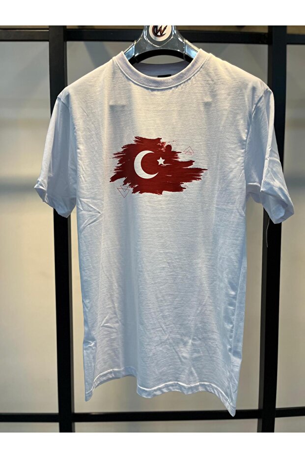 Turkish Flag Printed White Combed Cotton T-Shirt