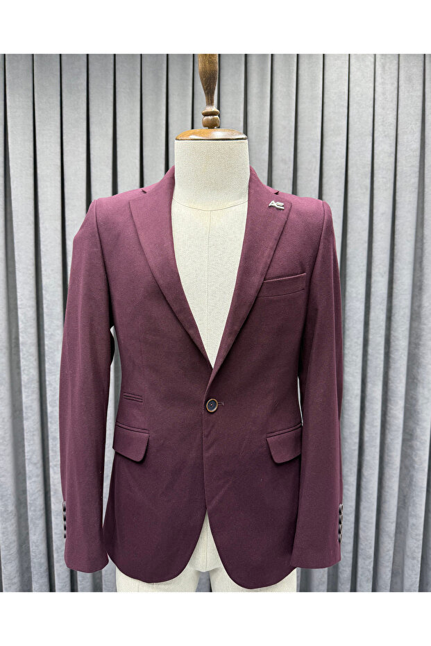 Men's Burgundy Double Flap Pocket Detailed Single Button Blazer Jacket