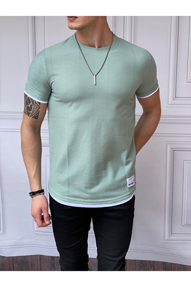 Slim Fit Knitted Pattern Cotton Patchwork T-Shirt