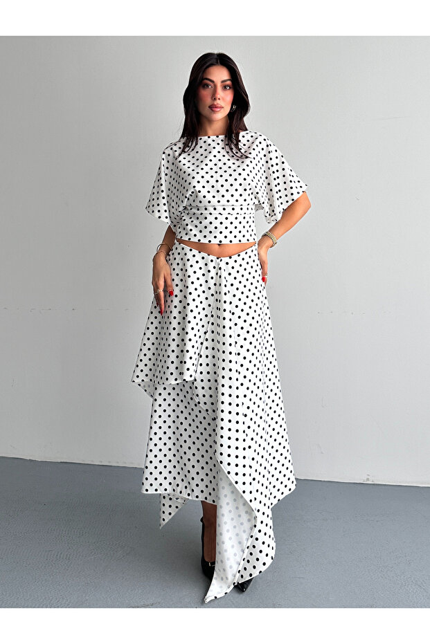Women's Front Pleated Detailed Polka Dot Skirt and Blouse Double Set