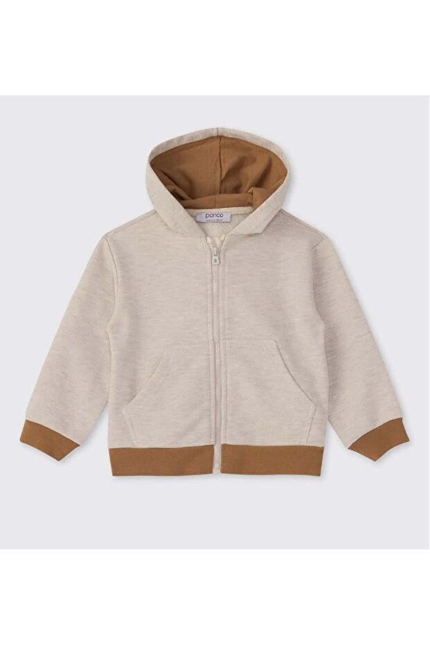 Baby Boy Hooded Zippered Long Sleeve Sweatshirt 0-5 Years Beige Melange