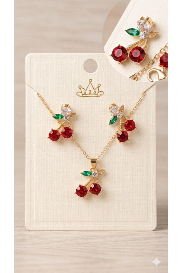 Women's Gold Color Cherry Figured 3-Piece Jewelry Set (Necklace & Earrings)