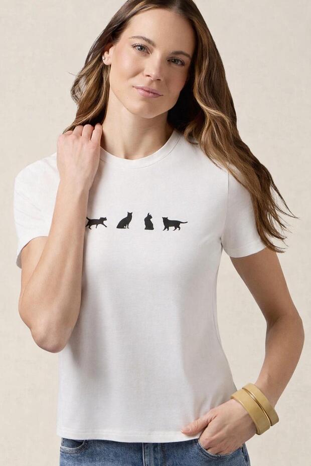 Cat Printed 100% Cotton 24/1 White T-Shirt - Regular Fit Pattern