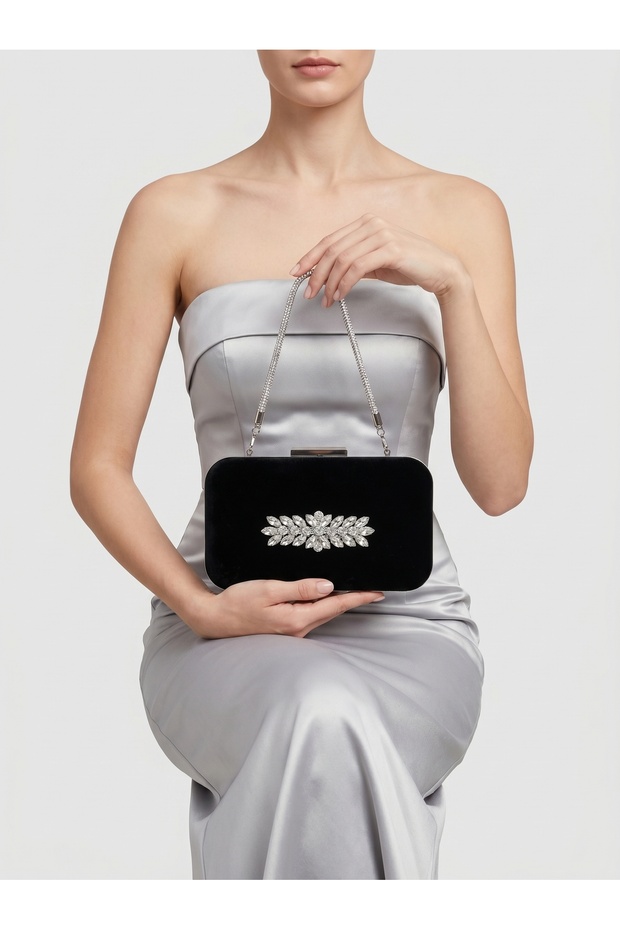 Black Z.A.R.A. Satin Crystal Stone Embroidered Chain Women's Evening Dress Bag Wedding Engagement Graduation