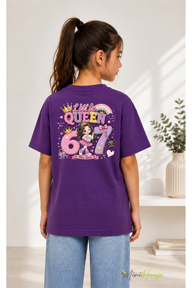 67 SIX SEVEN LITTLE QUEEN تي شيرت كبير الحجم مطبوع من الأمام والخلف