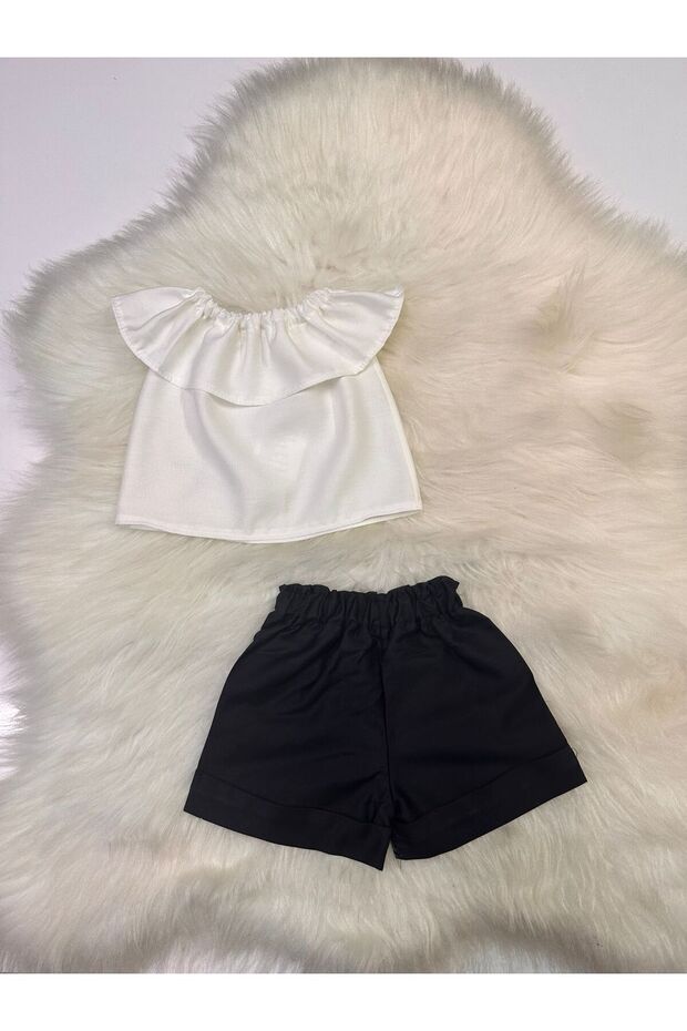 Girl's 2-Piece Set: Madonna Collar White Blouse & Solid Color Shorts