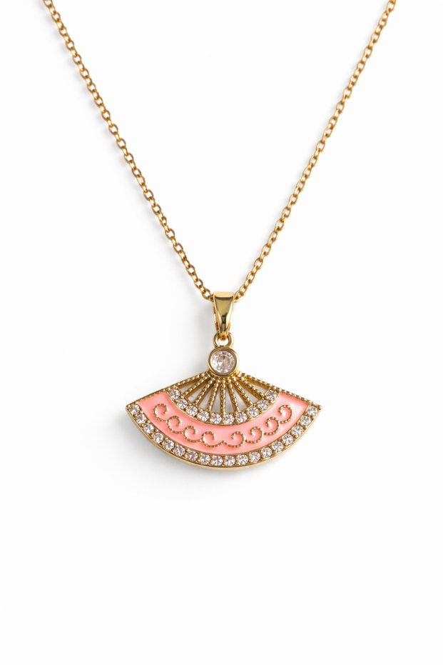 Women's Gold Color Fan Necklace with Pink Enamel Zircon Stone, Stylish Minimal Steel Chain