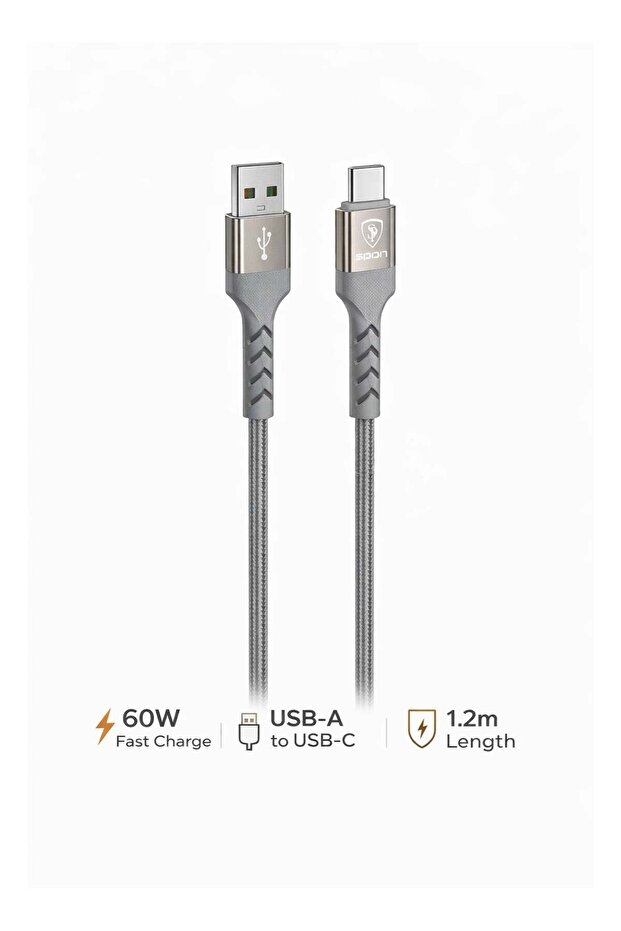 كابل شحن سريع من نوع USB-A إلى USB-C بقوة 60 واط - مضفر، بطول 1200 مم، مصنوع من الزنك المتين