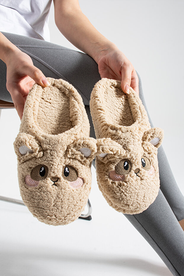 Camel Embroidered, Figured, Fluffy, Women's House Slippers (Washable, Noiseless, Dowry-Style)