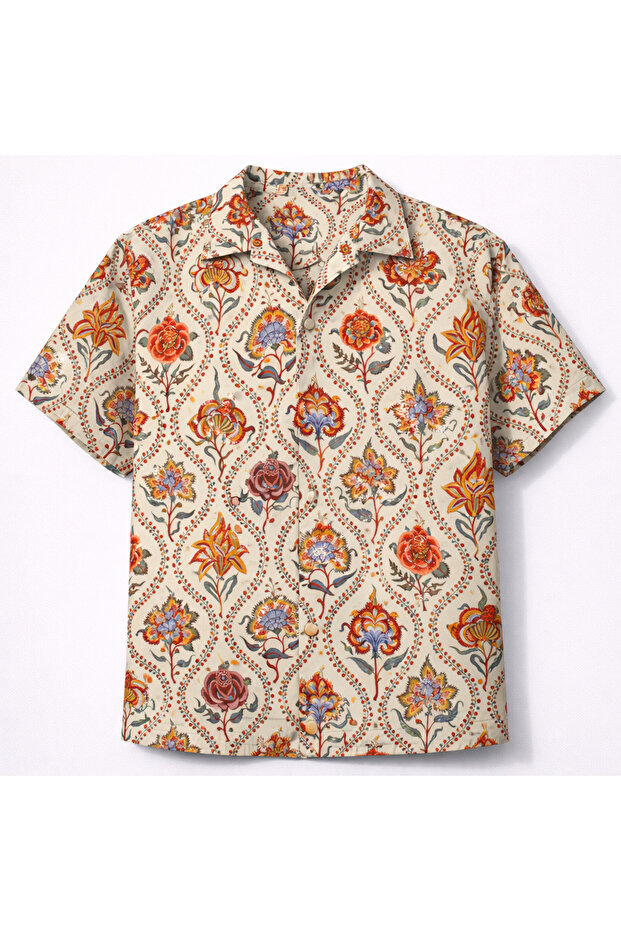 Men's Women's Relax Fit Summer Ash Collar Patterned Viscose Short Sleeve Oversize Shirt