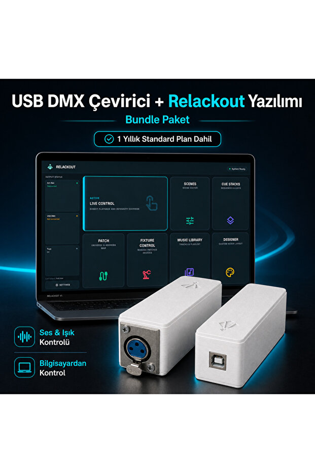 relackout USB DMX Bundle Paket – USB DMX Çevirici + 1 Yıllık Ses & Işık Kontrol Yazılımı