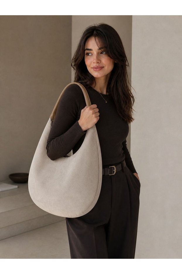 100% Real Leather Women's Shoulder Bag Hobo Model Wide Daily Bag with Magnet Closure