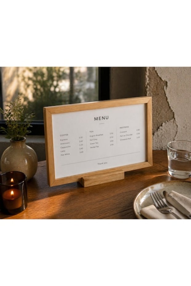 Display / menu stand with solid Oak, A4 Landscape format, 30 x 21 cm