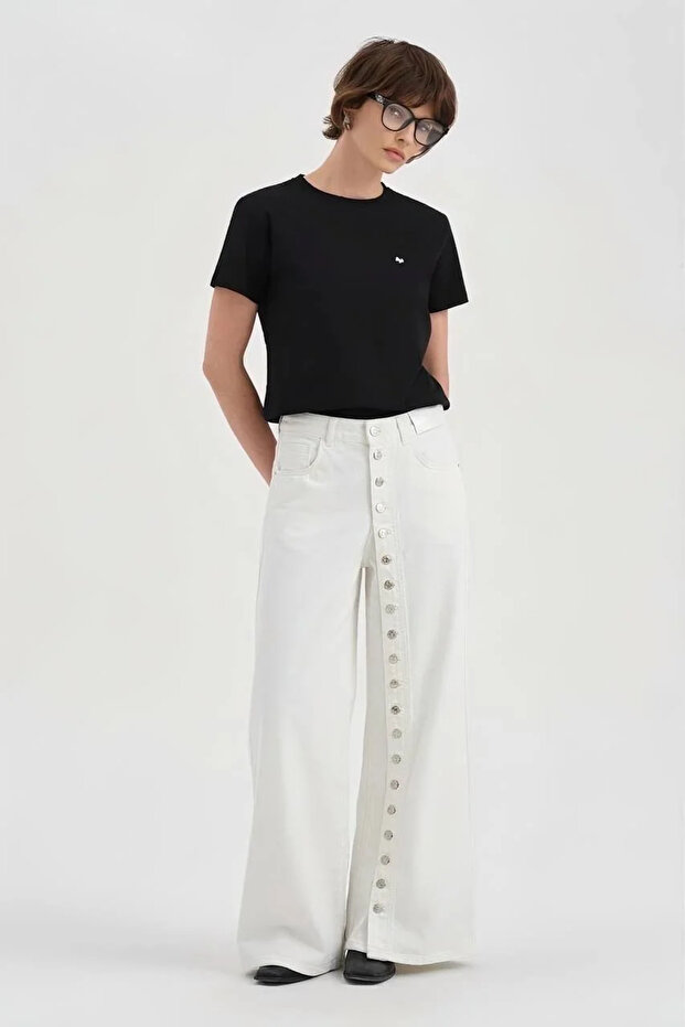 Tw3 Women's Palazzo Jeans with Complete Button Detailing on the Front