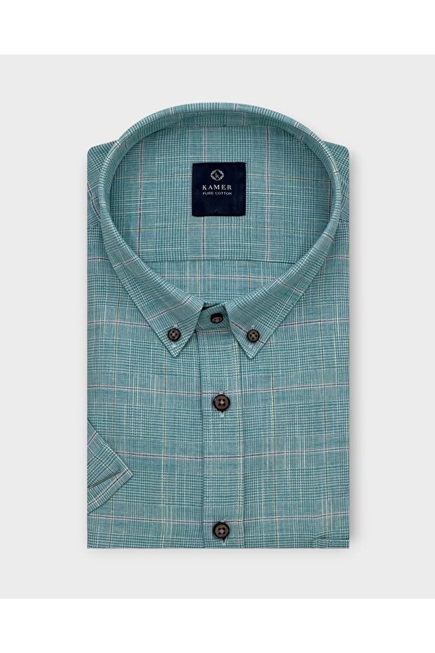 Men's Battal (Plus Size) Short Sleeve Buttoned Collar Plaid Green Shirt 9571Y