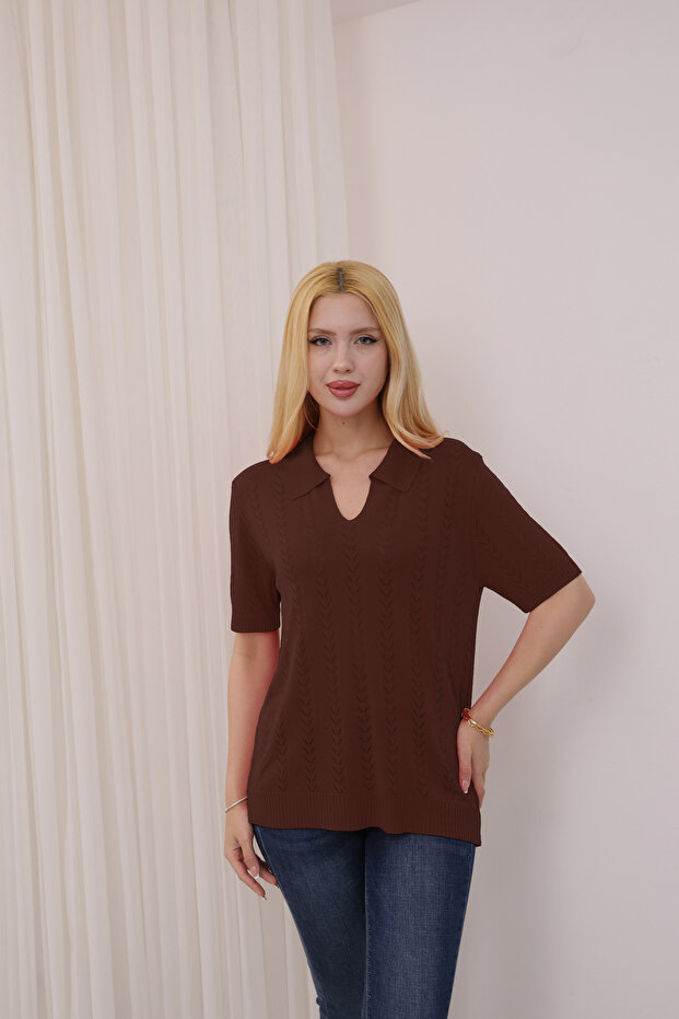 Polo V-Neck Short Sleeve Openwork Leaf Patterned Summer Fresh Airy Viscose Knitwear T-Shirt