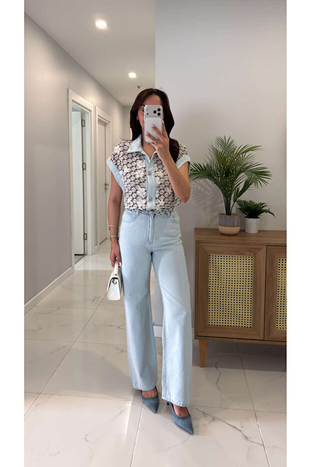Melsta Blue Denim Trousers Set with Floral Embroidery Detail
