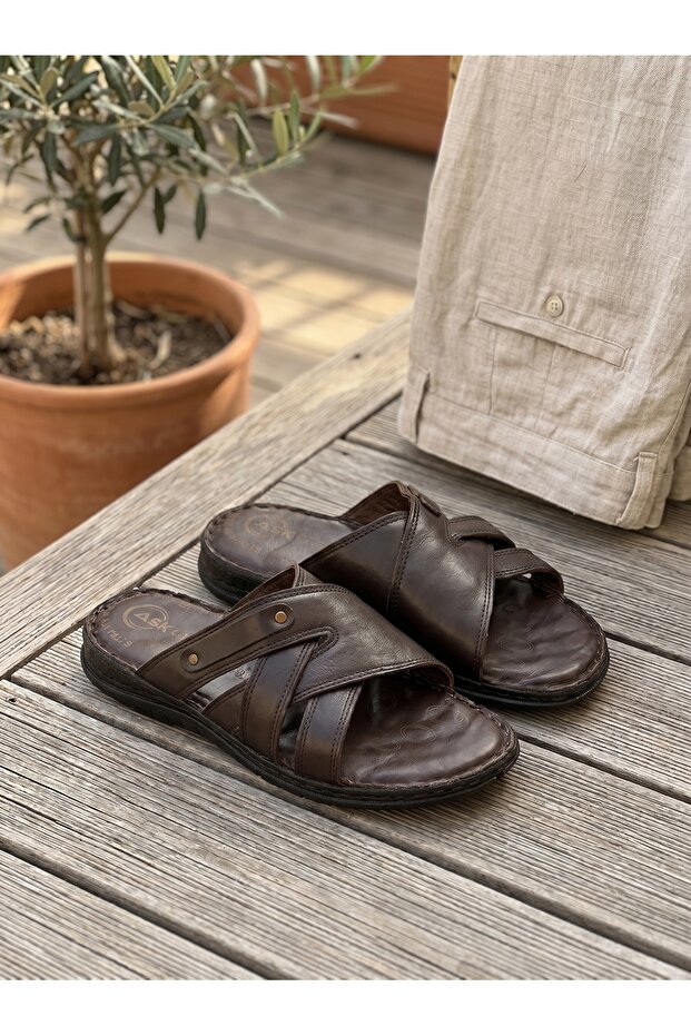 Genuine Leather Men's Sandals Slippers Summer Orthopedic Comfortable Daily Use Brown 1420
