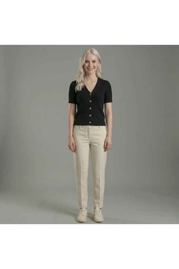 Women's Black Heart Buttoned Short Sleeve V-Neck Bohemian Pinterest Knitwear Slim Fit Cardigan Blouse