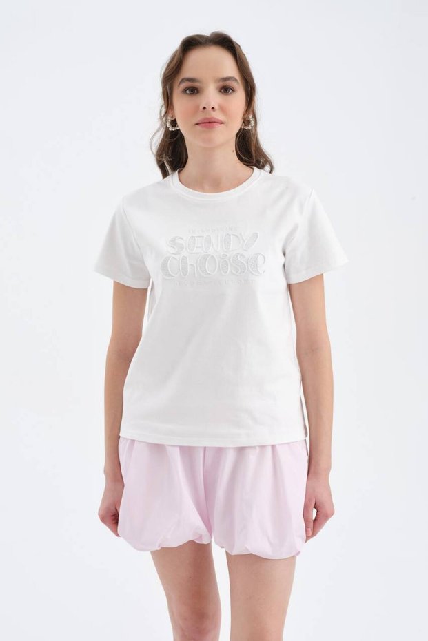 Women's 100% Cotton T-Shirt with Sequin Embroidery Detail on the Front