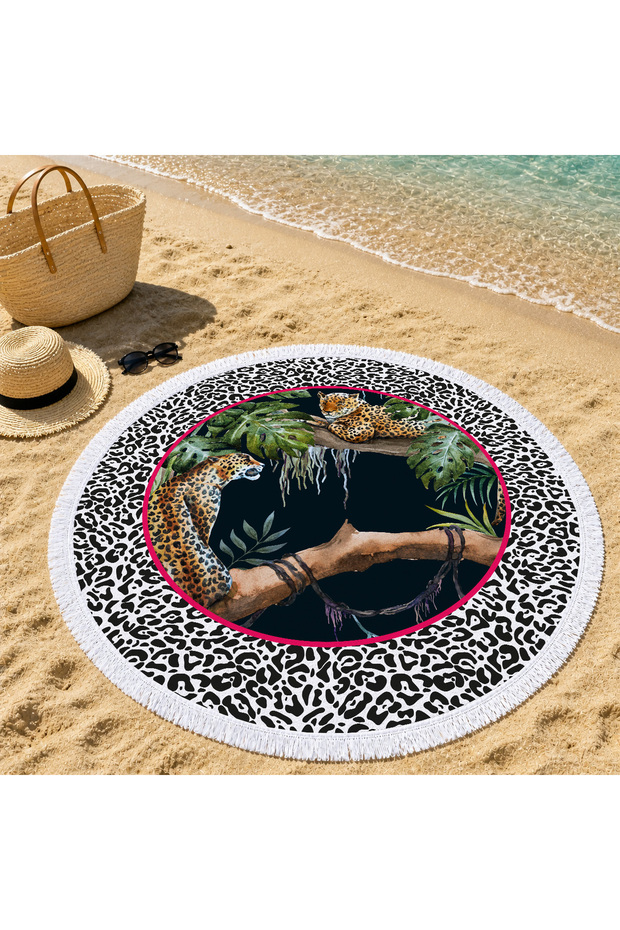 150 cm Round Beach Towel with Wild Patterns and Tiger Figures