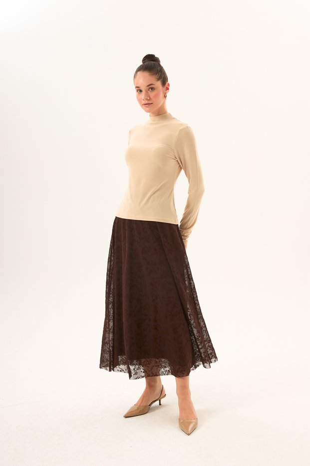Brown Floral Patterned Midi Tulle Skirt with Elastic Waist