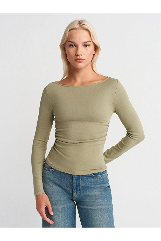 Drawstring Boat Neck Top-Ecru 31401