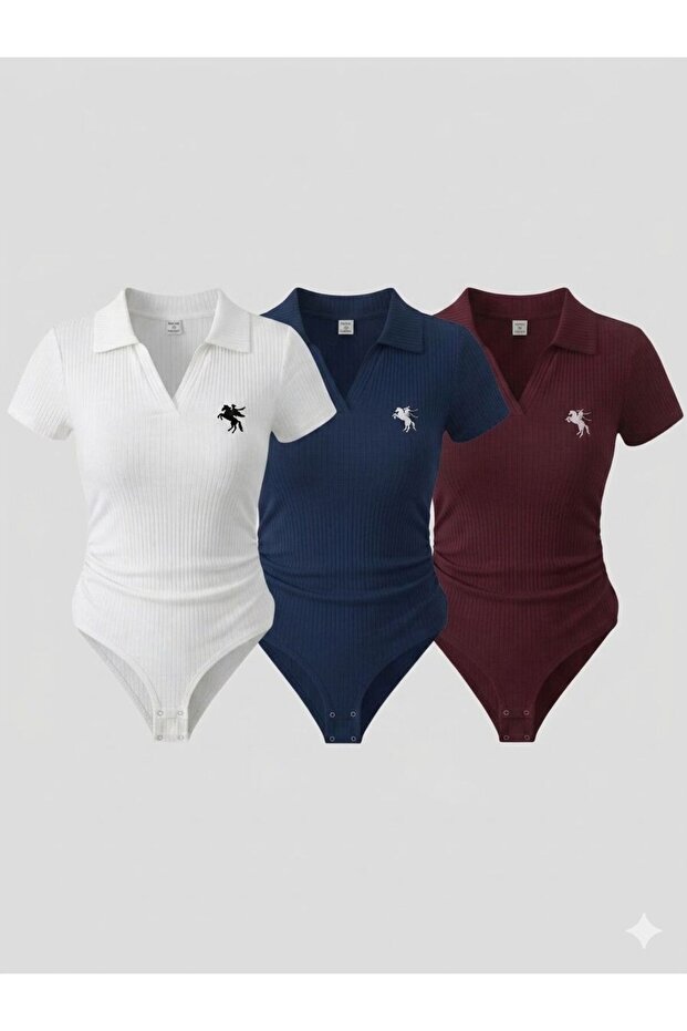 White Navy Blue and Claret Red Polo Collar Ribbed Lycra Premium Set 3-Piece Bodysuit the Solo