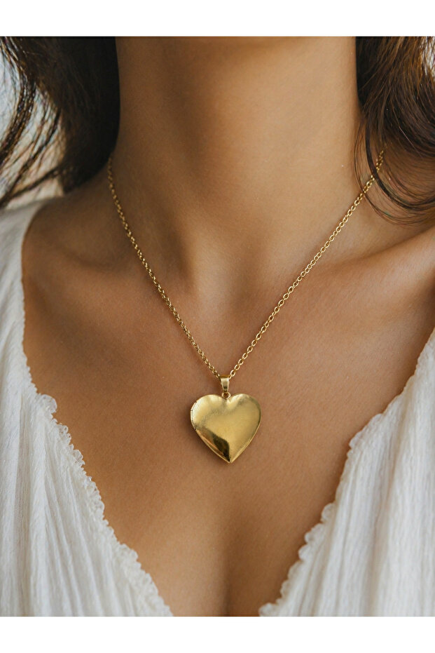 Gold Color Heart Patterned Women's Memory Necklace 316L Stainless Steel Openable Gift Necklace