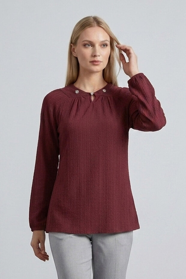 Maft Comfortable Fit Baby Collar Stone Detailed Jacquard Buttoned Long Sleeve Women's Blouse & Hijab Blouse - Burgundy
