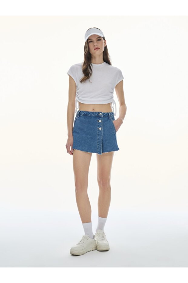 Selenis Buttoned Front Mid Indigo Jean Shorts Skirt