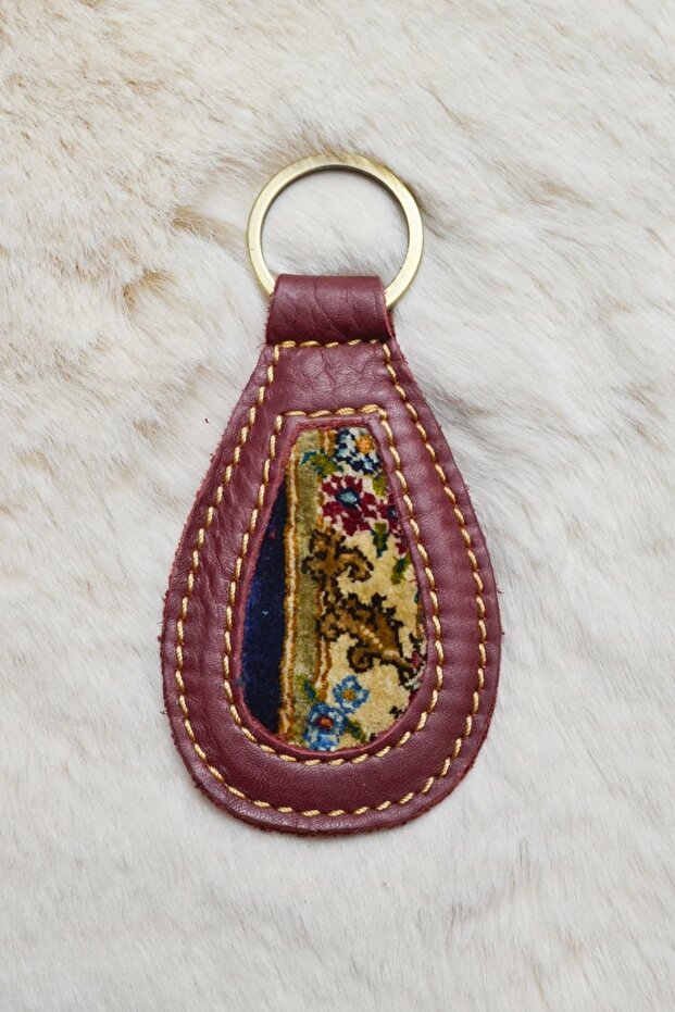 Handmade Burgundy Color Keychain from Antique Silk Carpet