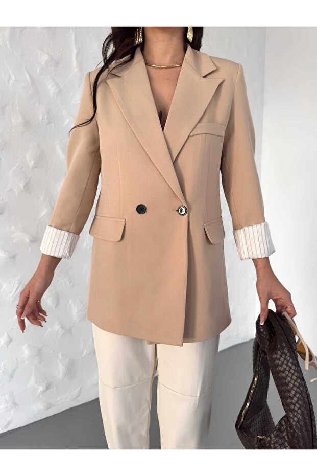 Blazer Jacket Women-Button Detail Striped Inner Lining Blazer Jacket