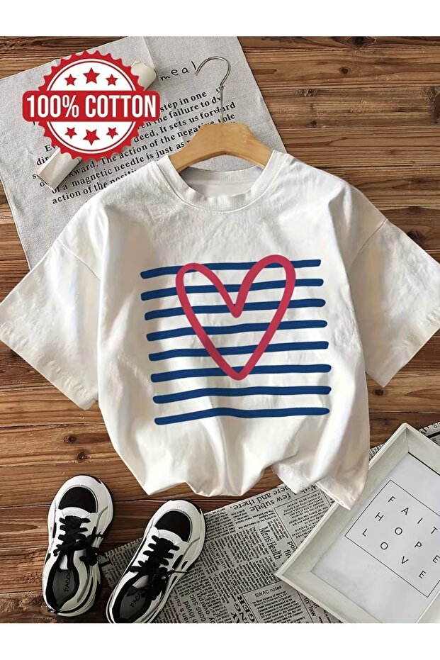Unisex Heart Striped Printed Oversize Crew Neck T-Shirt