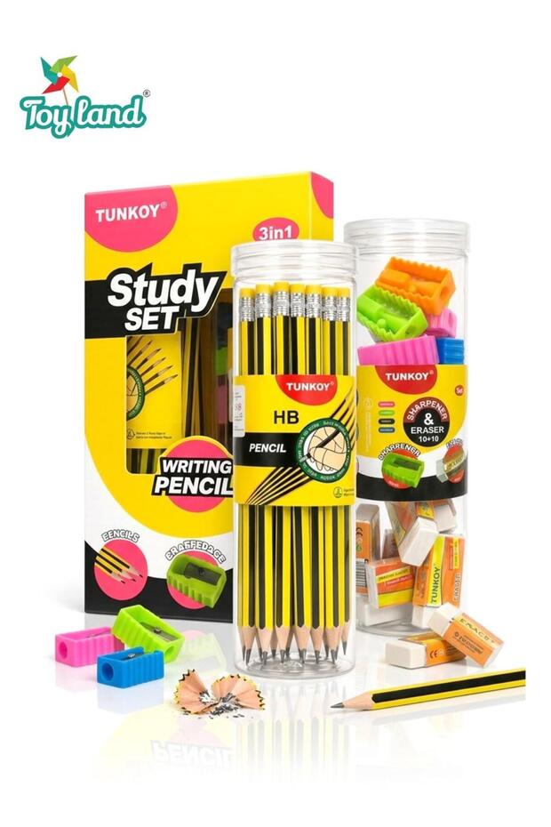 3-in-1 Study Set for Kids – HB Pencils, Sharpeners & Erasers | Writing Pencil Kit | School Stationery Set