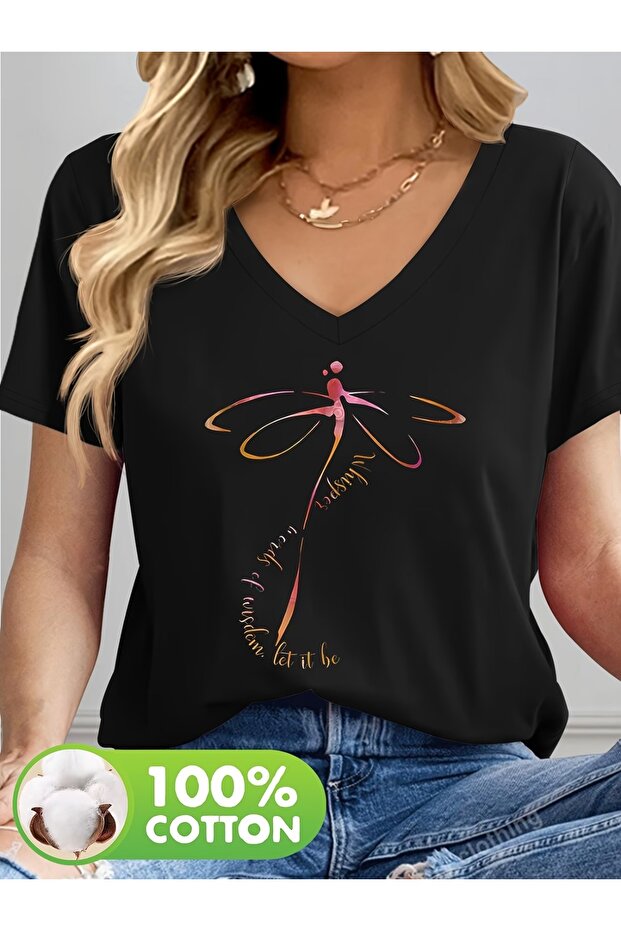 Women's Comfortable Fit V-Neck Tshirt Mixed Printed Tshirt