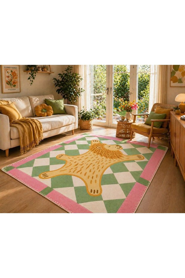 Cute Lion Figured Diamond Patterned Green Cream Woven Base Decorative Carpet with Pink Border Aura15